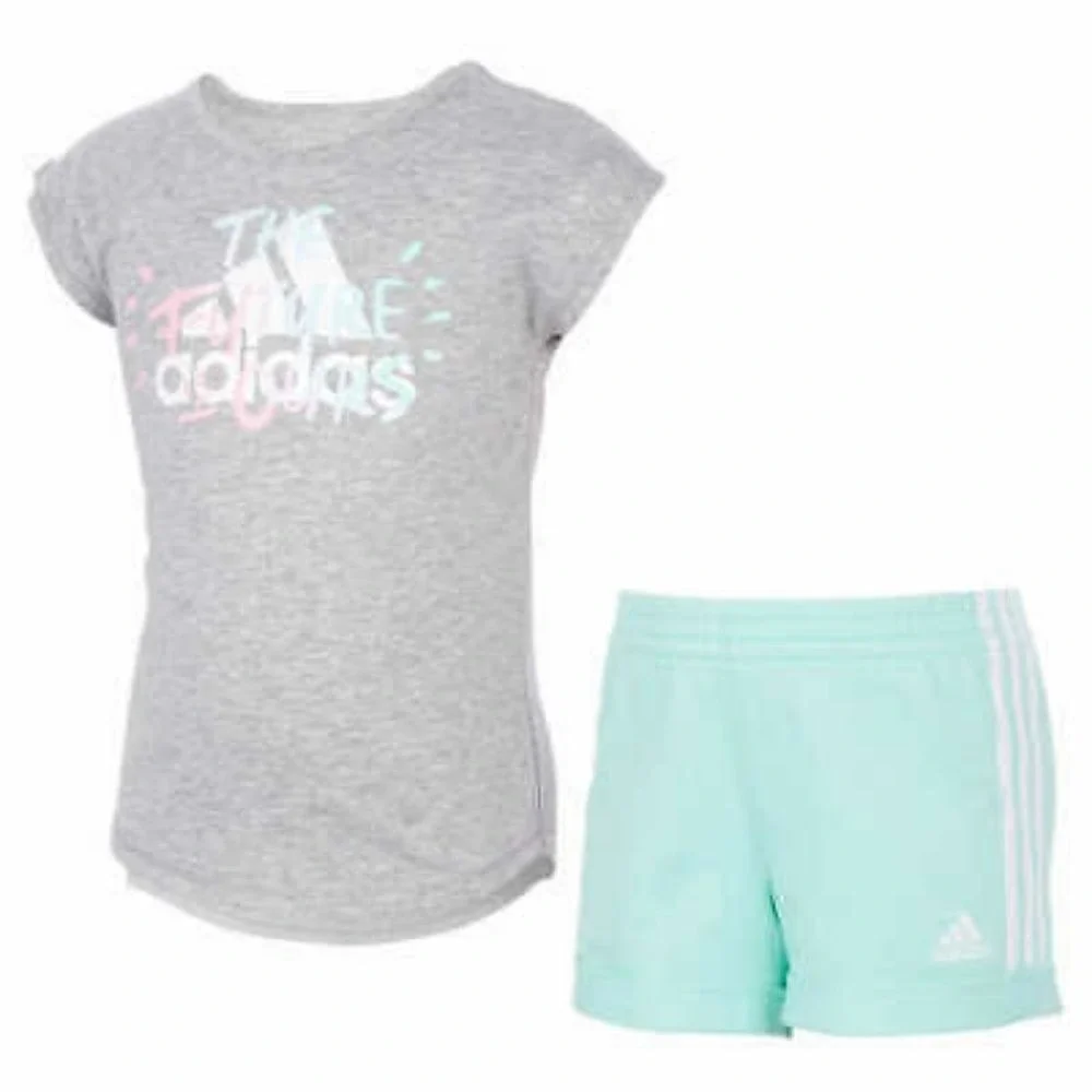 Girl's Adidas 3 Piece Set Tee Shirts and Shorts Green White Grey Size 5